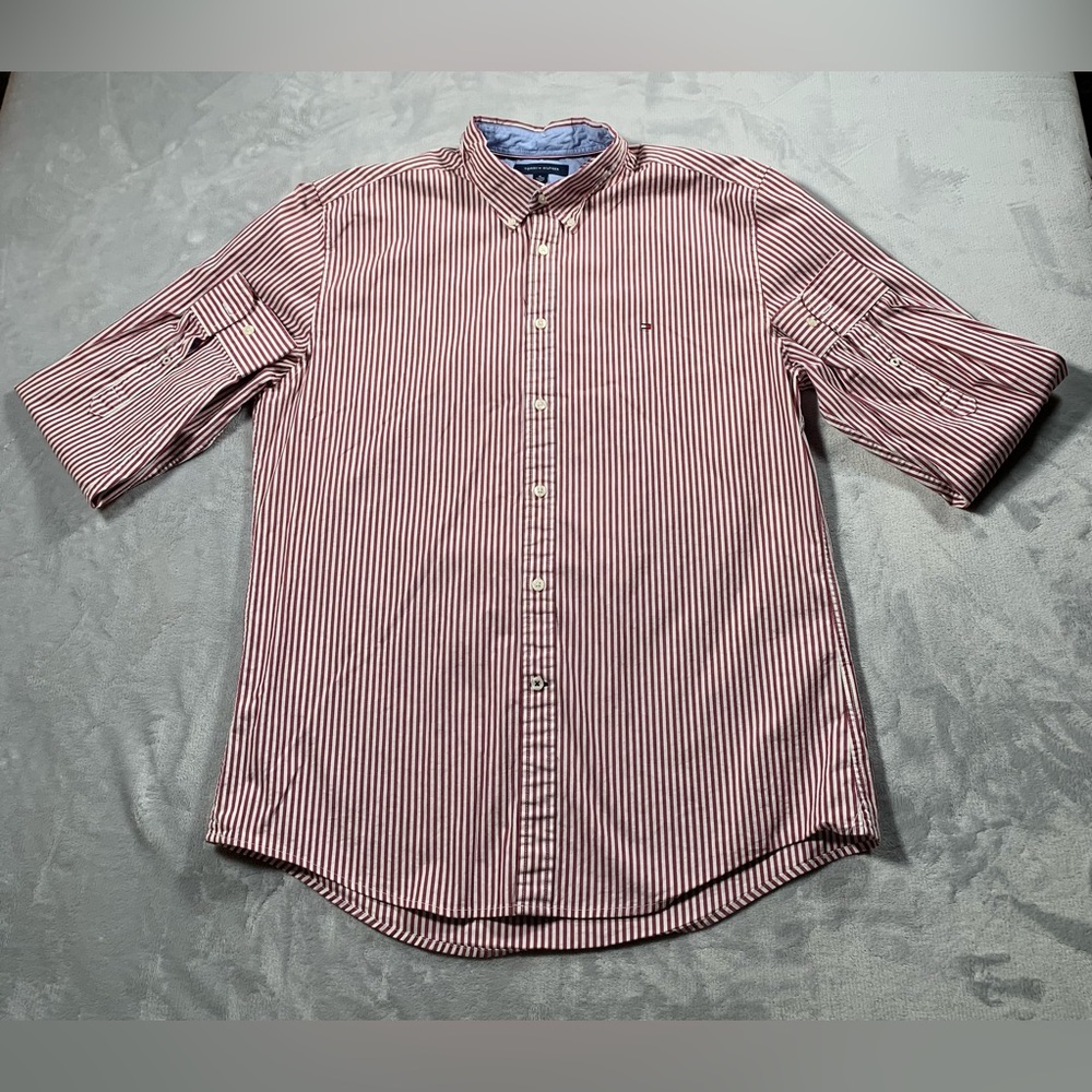 Men's Striped Tommy Hilfiger Shirt - Red and White Tshirt
Size:X-Large